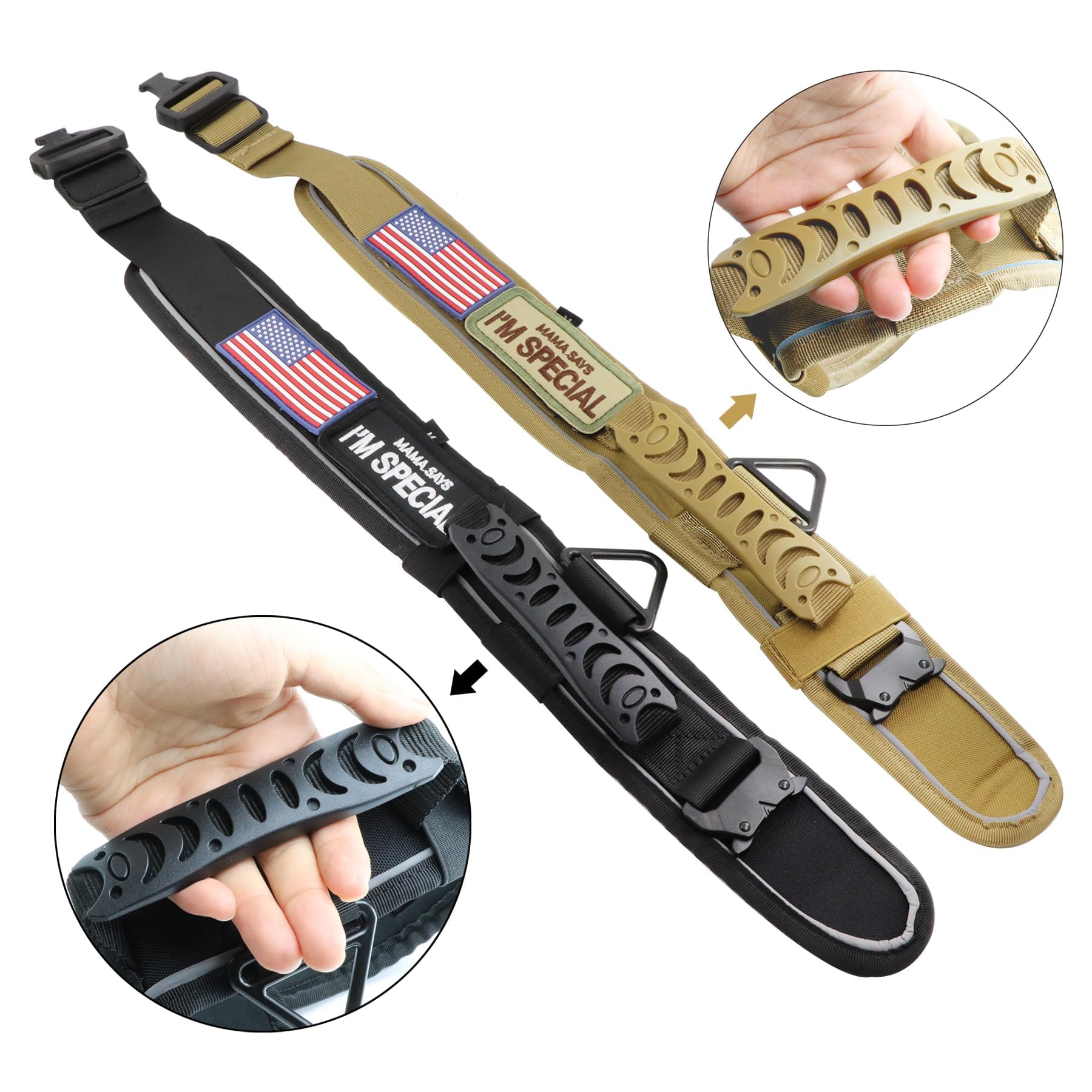 Comfluxe khaki tactical collar in action highlights versatile use for large dogs.