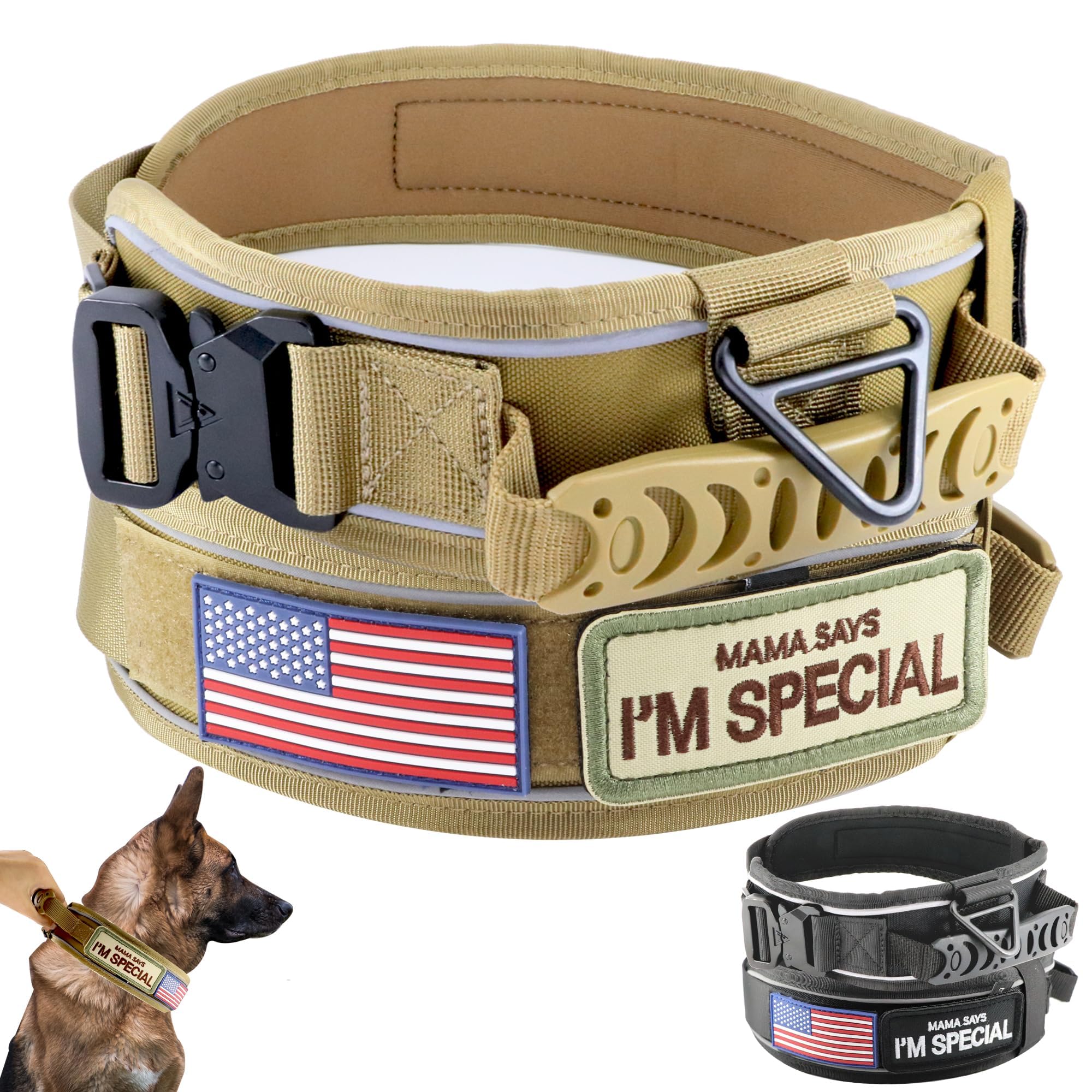 Comfluxe tactical dog collar handle closeup showcases secure grip for training and outdoor control.