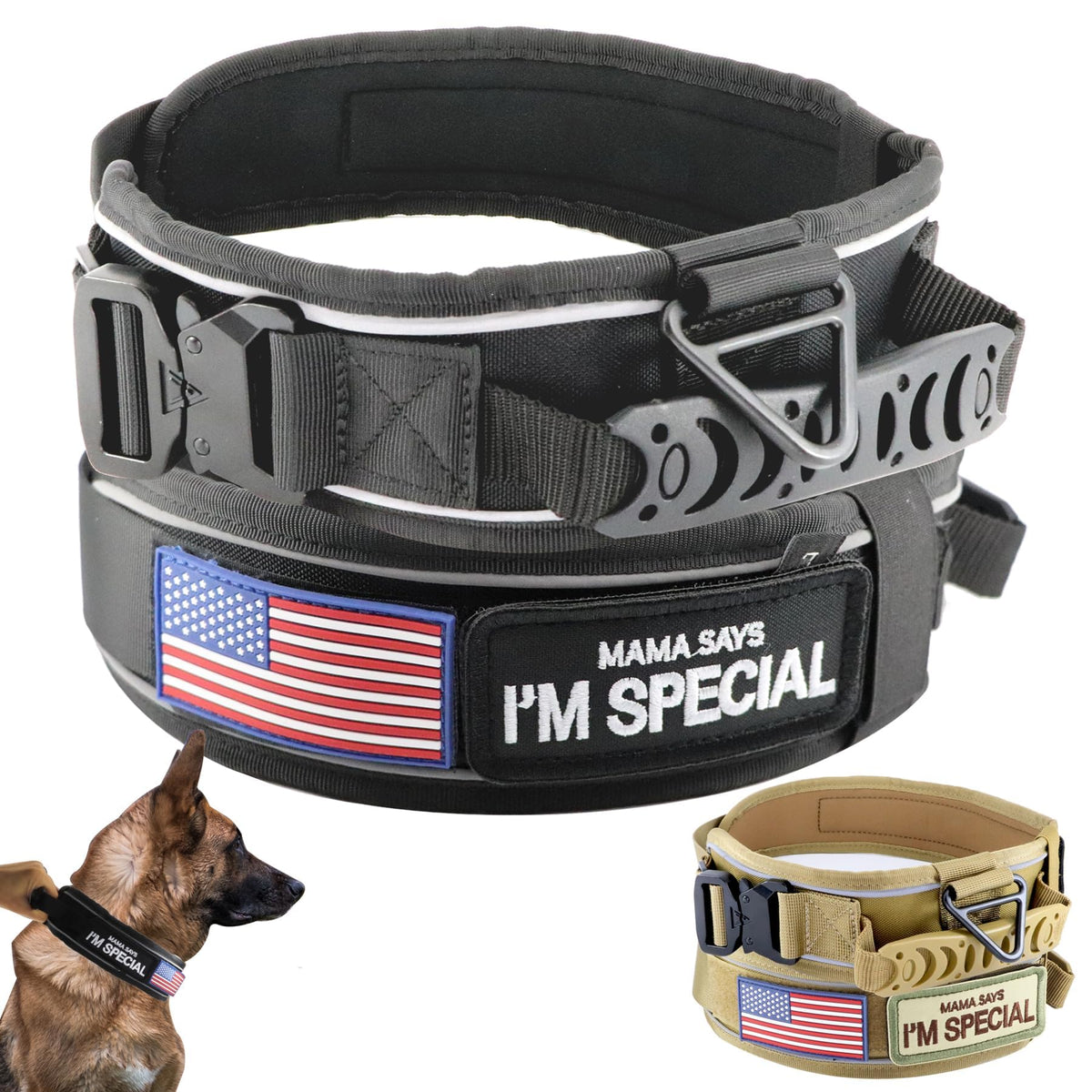 Comfluxe tactical dog collar with handle provides confident training control and quick guidance.