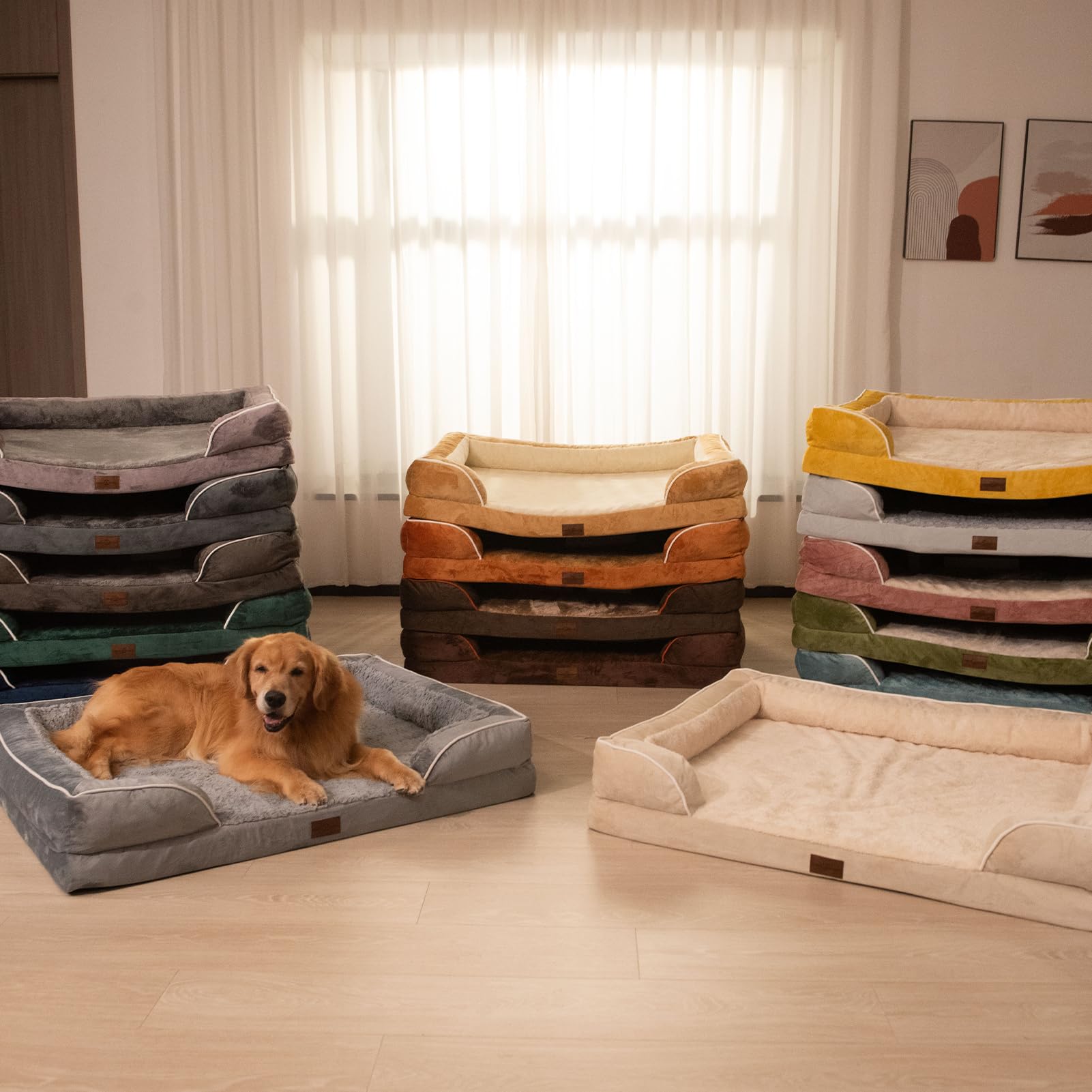 Comfort Expression grey dog bed setup in living room for relaxation.