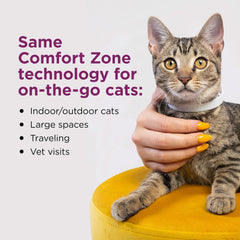 Comfort Zone Cat Calming Collar adjustable fit shown on a cat for all adult sizes.