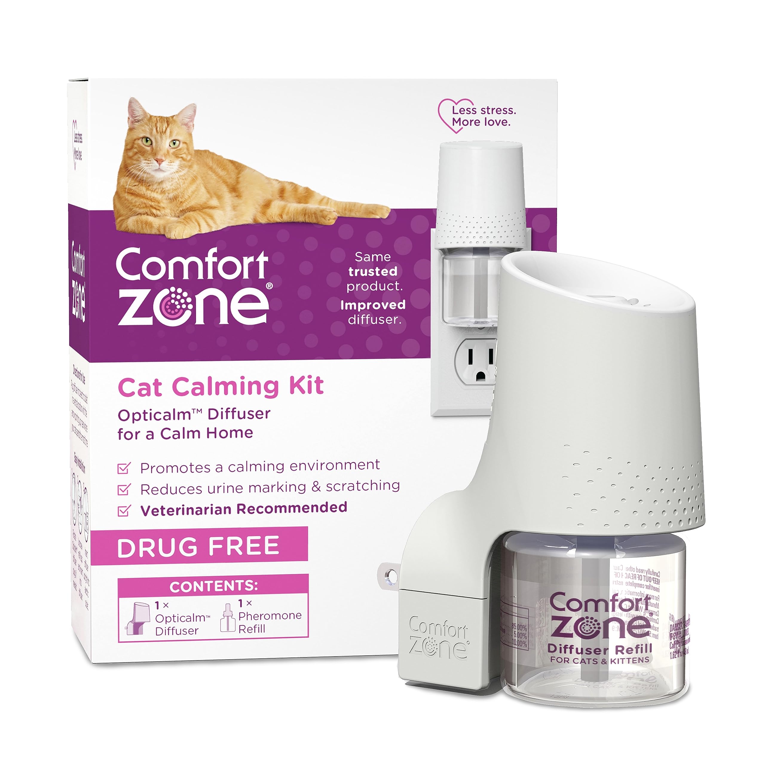 Comfort Zone cat diffuser in room creates a calm, safe space.