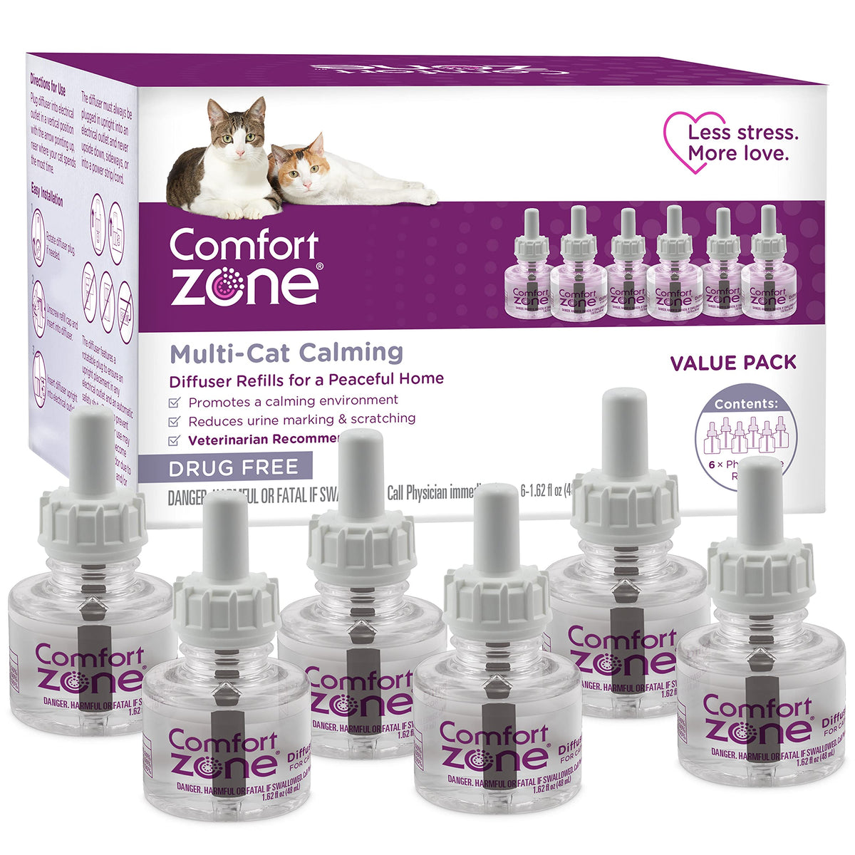 Comfort Zone multi-cat refill 6-pack ready for use, supports calmer multi-cat spaces.