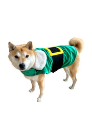 ComfyCamper green elf cape dog costume side view highlights adorable holiday look.