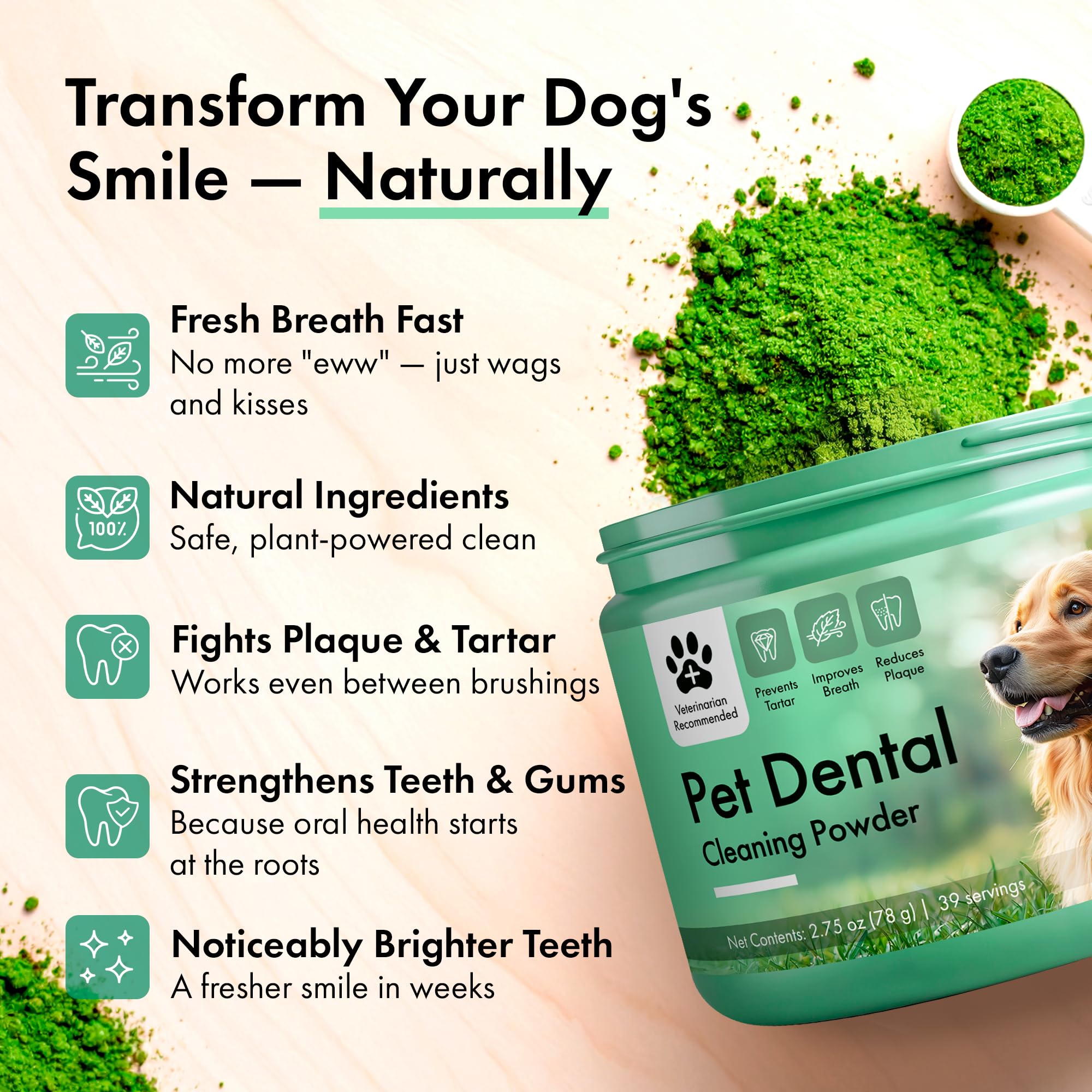 Commanding Life dog dental powder breath close-up hints at fresher breath.
