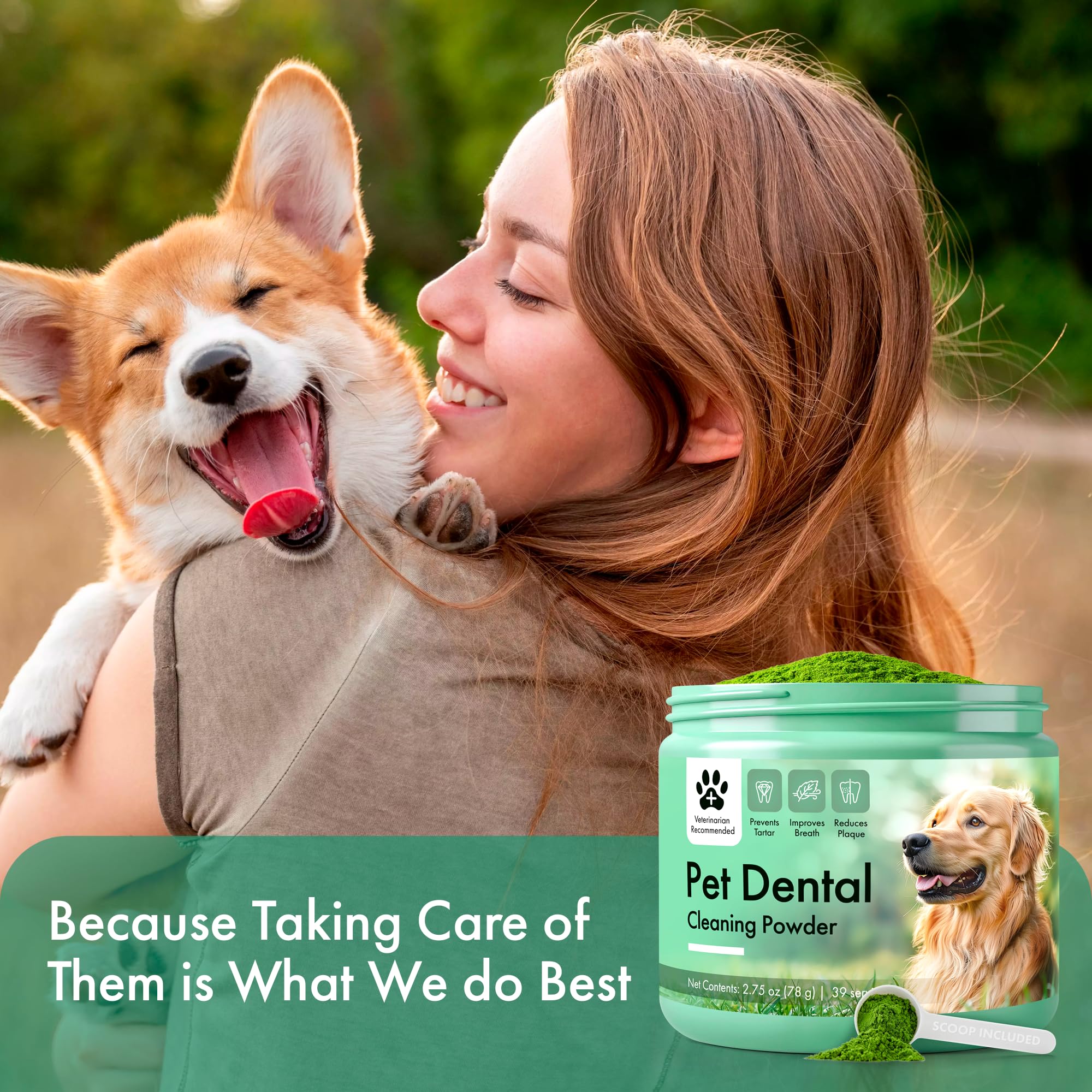 Commanding Life dog dental powder ingredients natural label highlights safe cleansing.