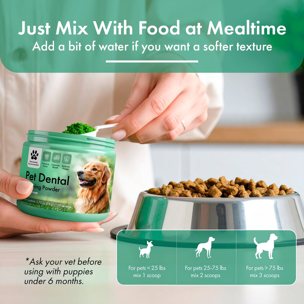 Commanding Life dental powder poured into food demonstrating daily routine simplicity.