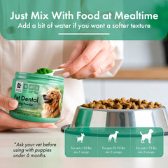 Commanding Life dental powder poured into food demonstrating daily routine simplicity.