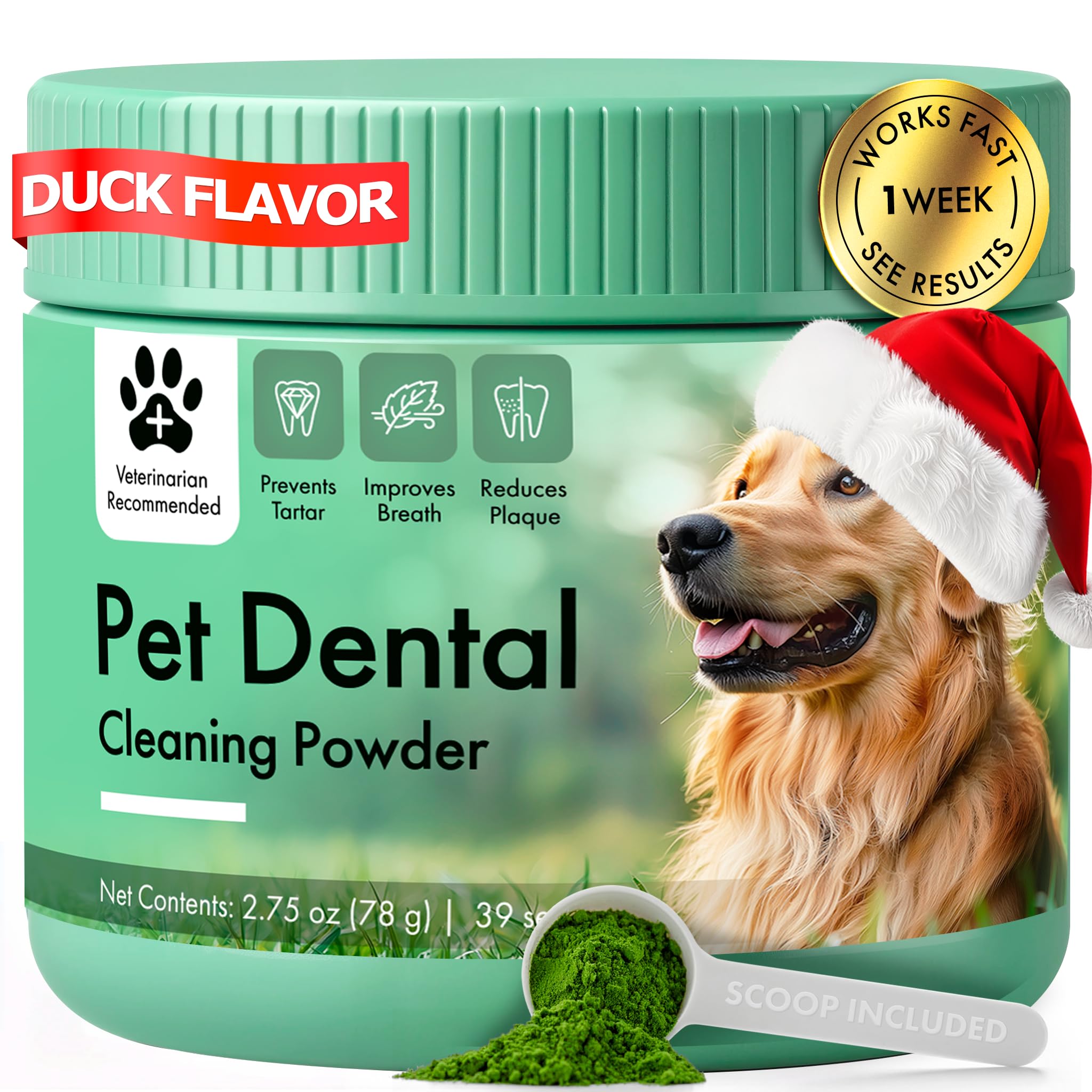 Commanding Life dog dental powder tub for easy, all-breed oral care.