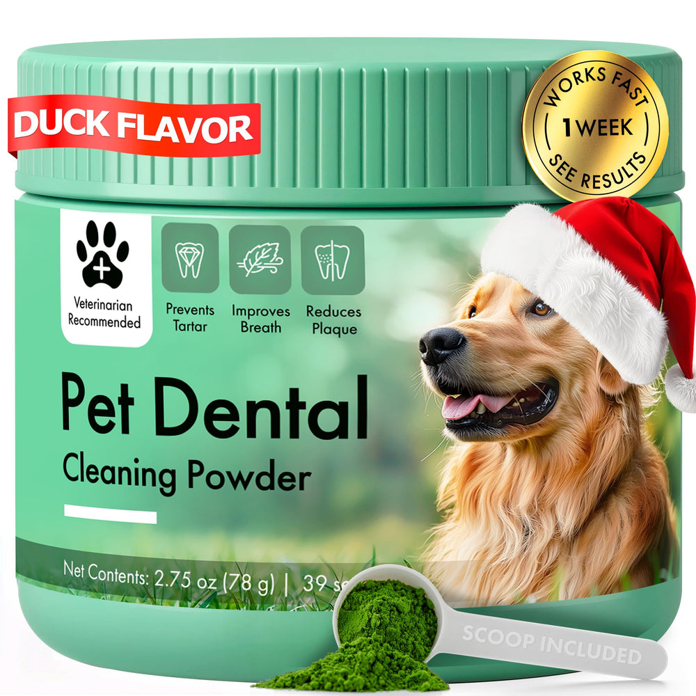 Commanding Life dog dental powder tub for easy, all-breed oral care.