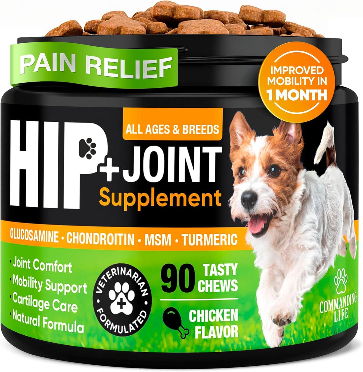 Commanding Life glucosamine-chondroitin chews for dogs improving hip joint comfort