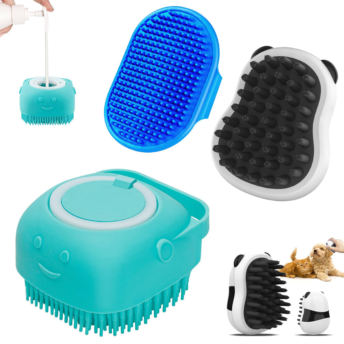 Comotech 3-in-1 dog grooming brush panda shape supports gentle coat cleansing.