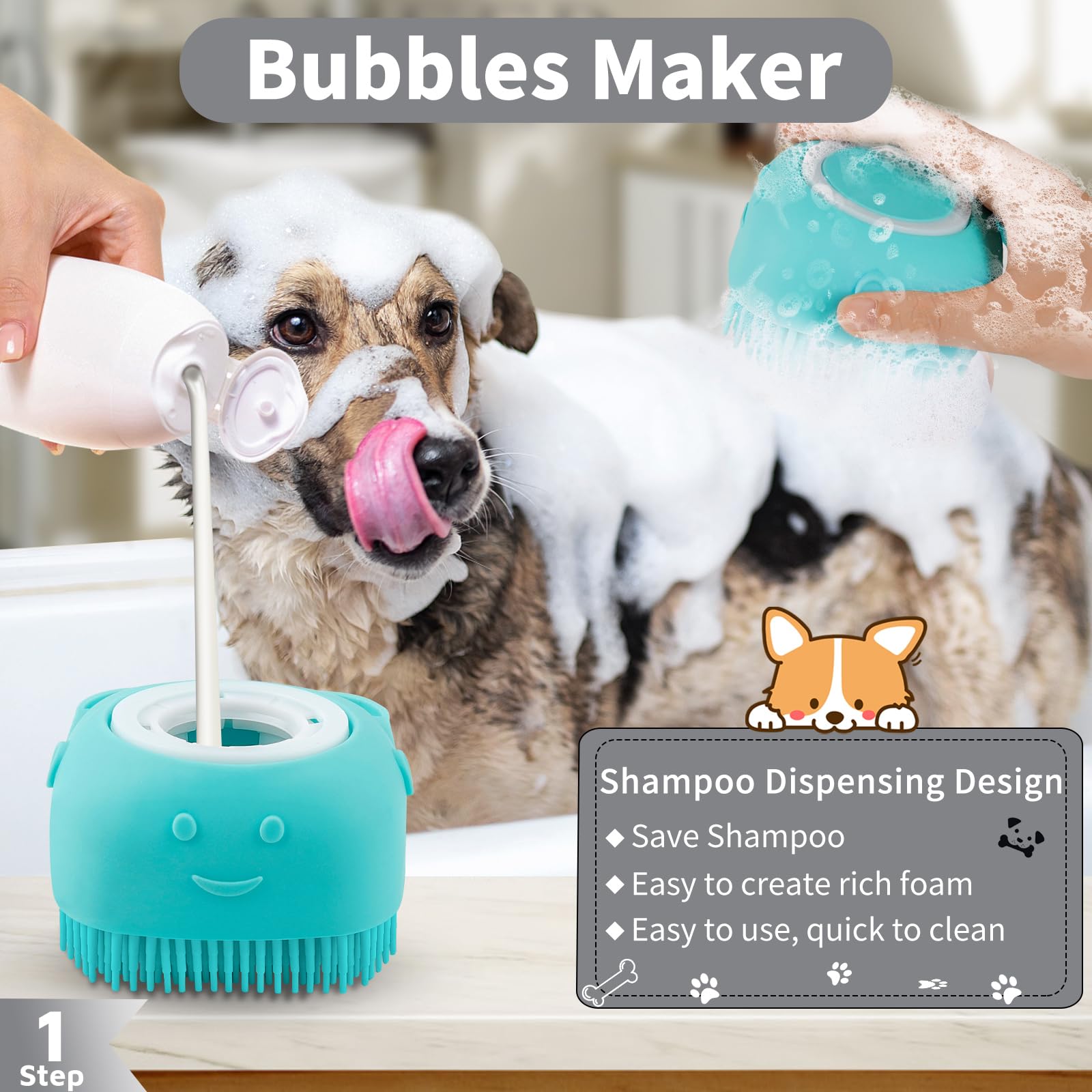 Comotech adjustable-handle dog wash brush for comfortable grip.