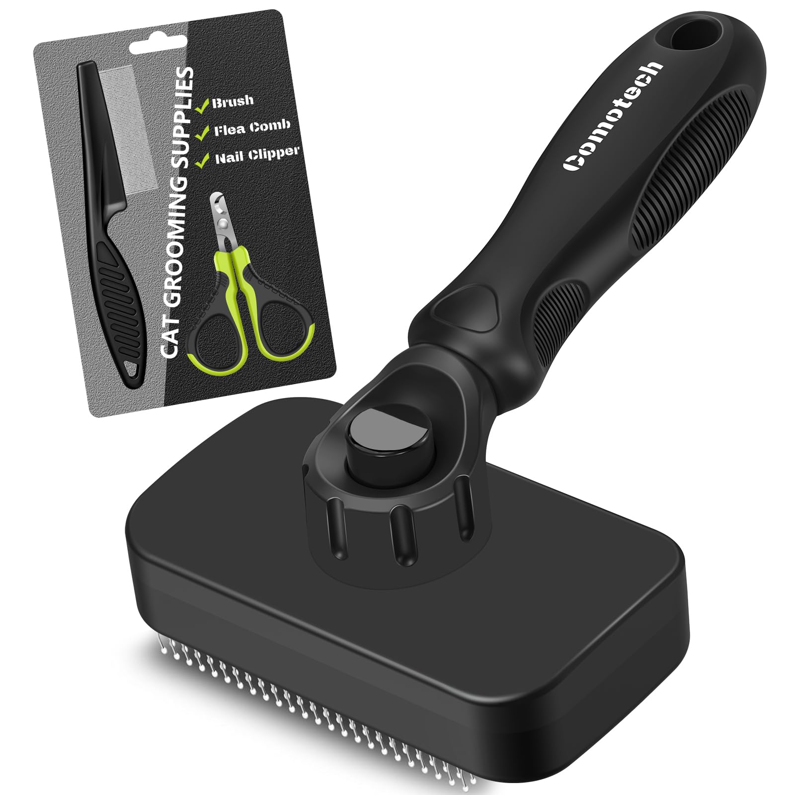 Comotech cat brush close-up for shedding control and calm grooming sessions