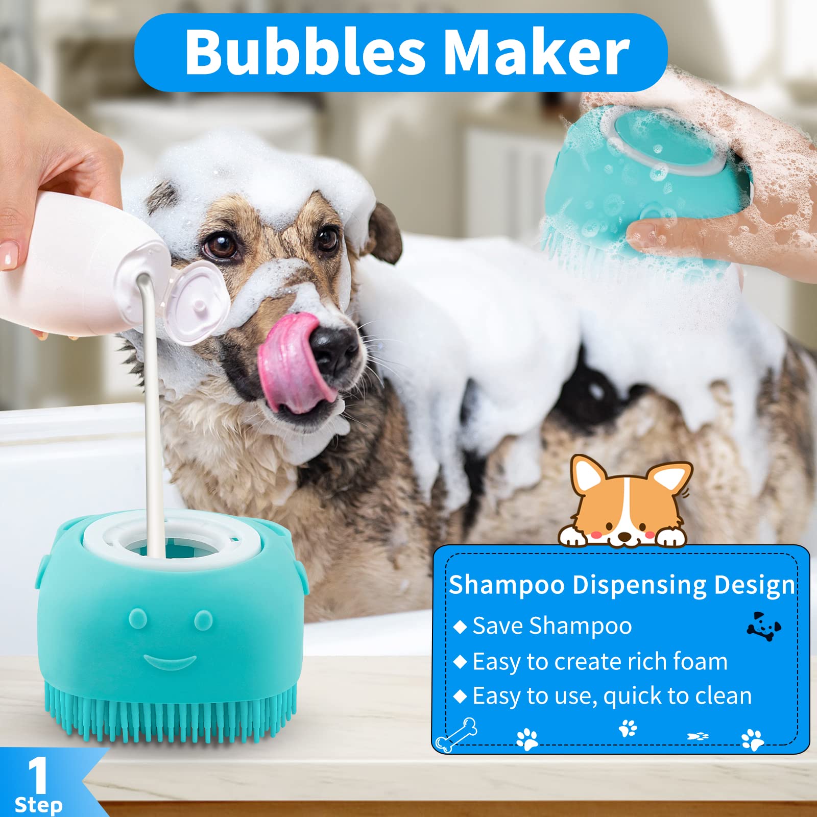 Comotech bubble maker brush focuses shampoo dispensing for rich lather during baths.