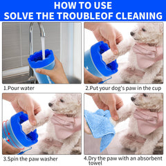 Comotech portable paw washer cap view emphasizes easy, hands-free setup for pets.
