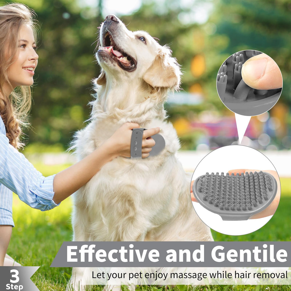 Comotech two-pack dog wash brushes used together for efficient hair removal.