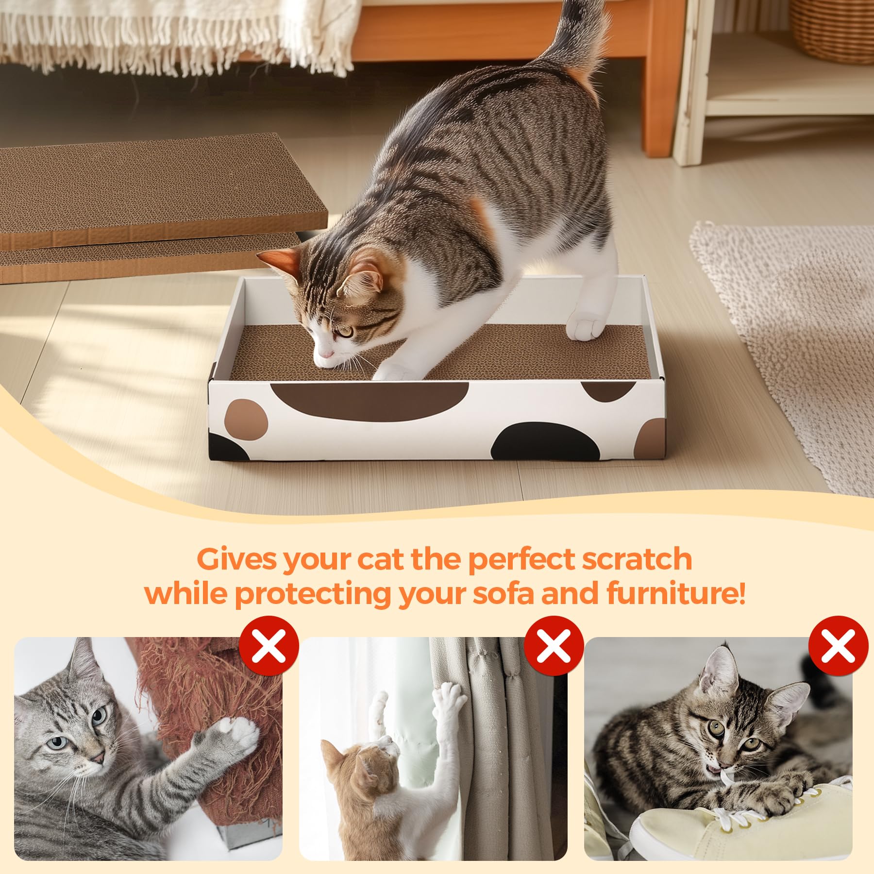 ComSaf Cat Scratcher Assembly Use shows easy placement on floor or furniture