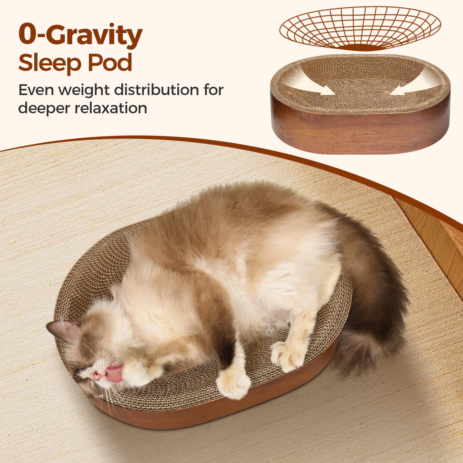 ComSaf Cat Scratcher Bed - oval top view demonstrates sealed base for clean floors