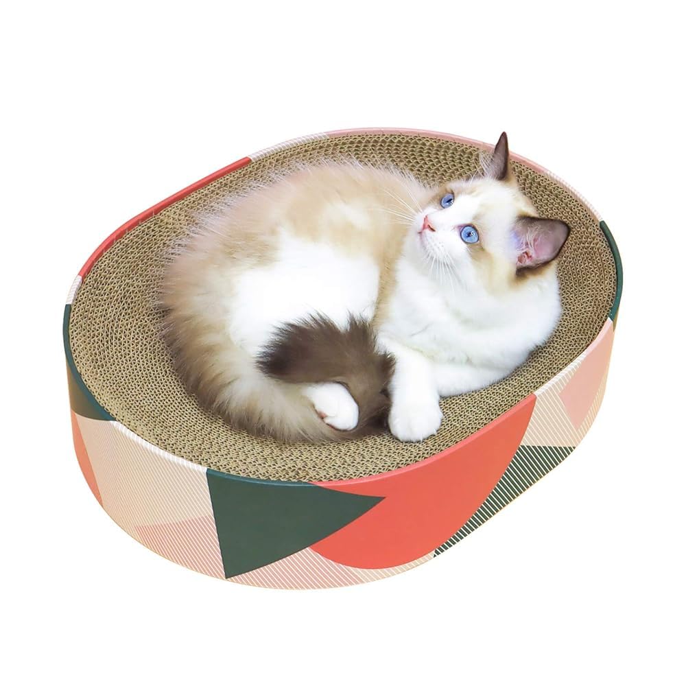 ComSaf cat scratcher cardboard bed in oval shape 17x13 helps curb furniture scratching.