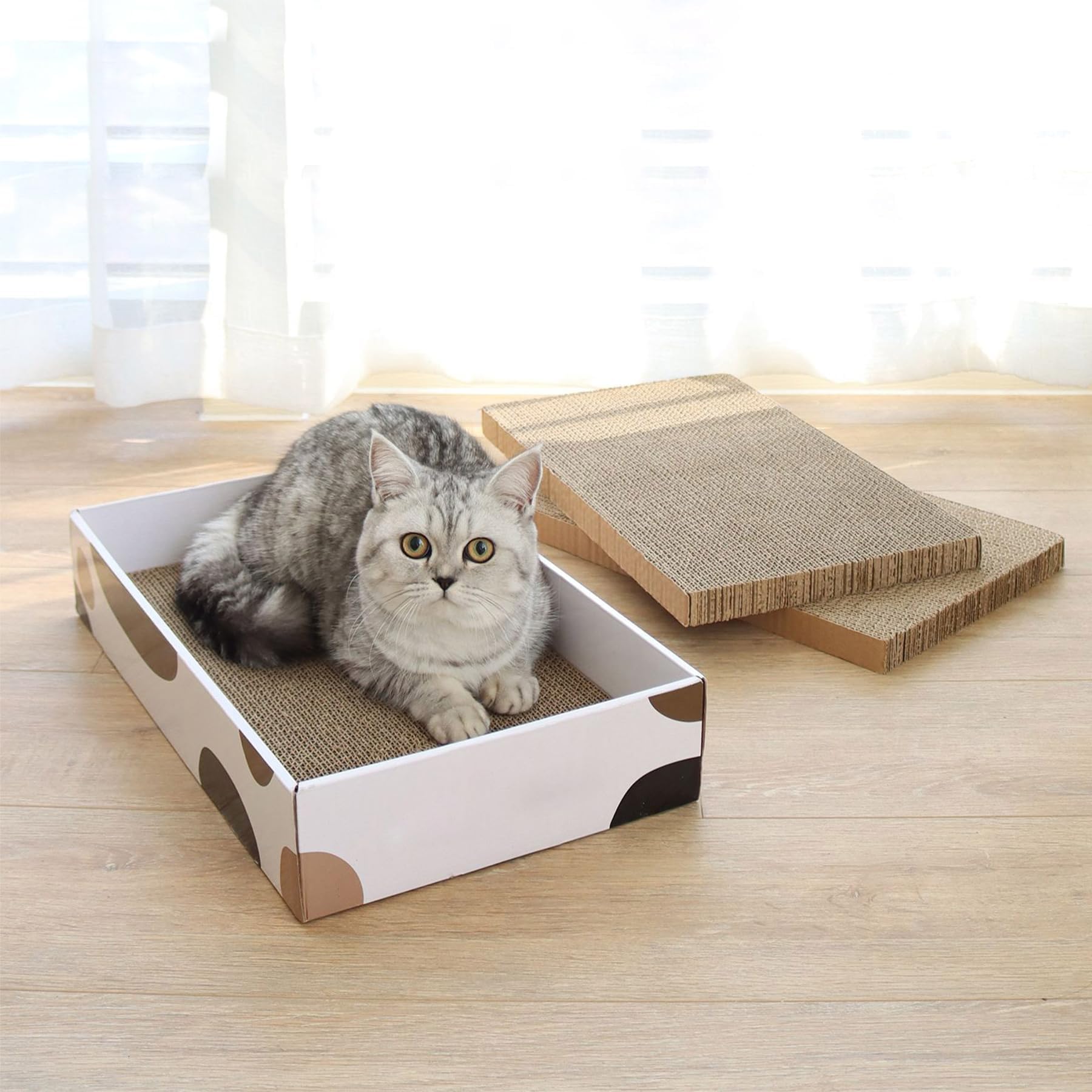 ComSaf Cat Scratcher Packaged Box communicates compact storage and quick setup