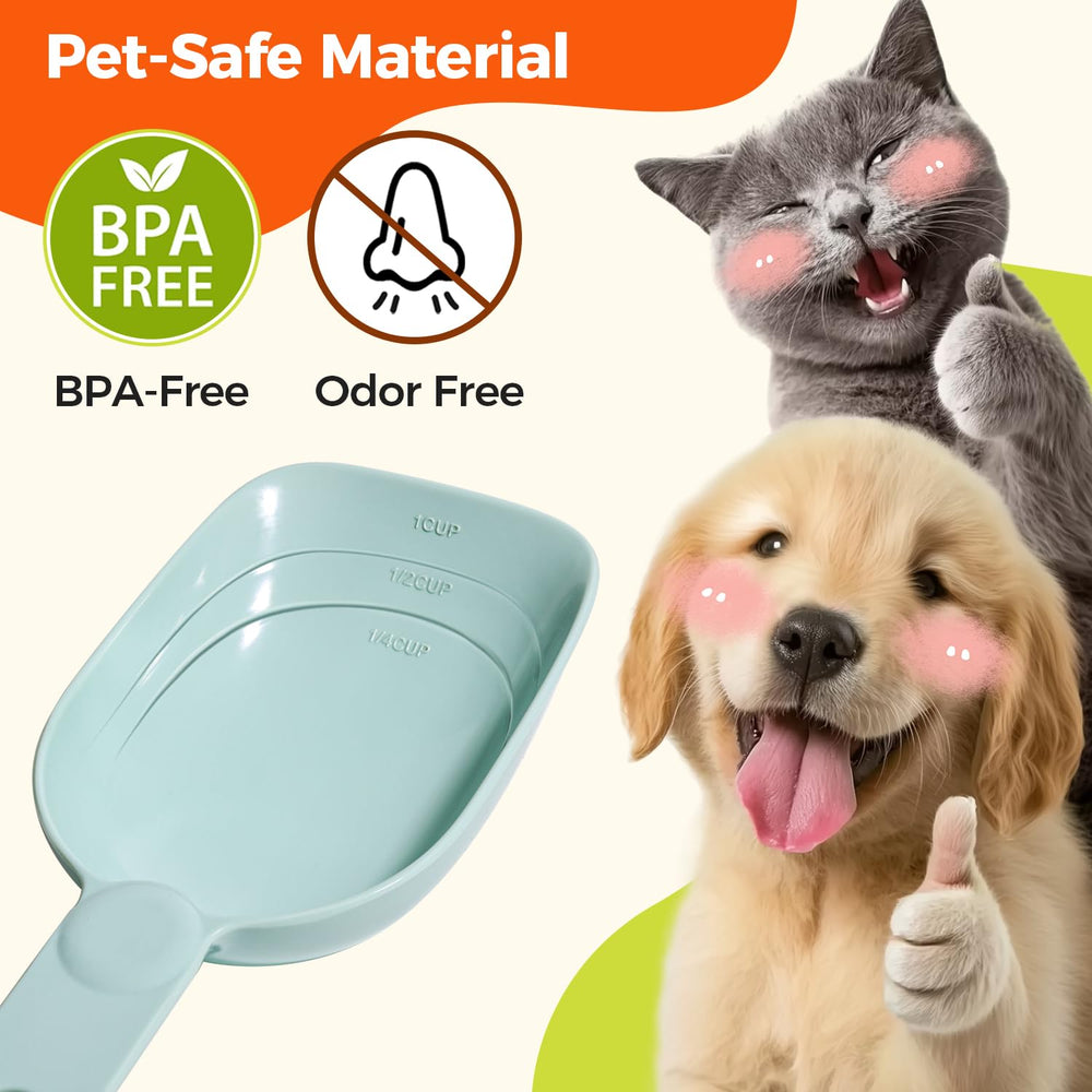 ComSaf dog food scoop close-up shows 1/2 and 1/4 cup markings.