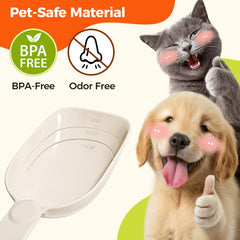 ComSaf dog food scoop with markings clearly shows 1/2 & 1/4 cup guidance for accurate feeding.