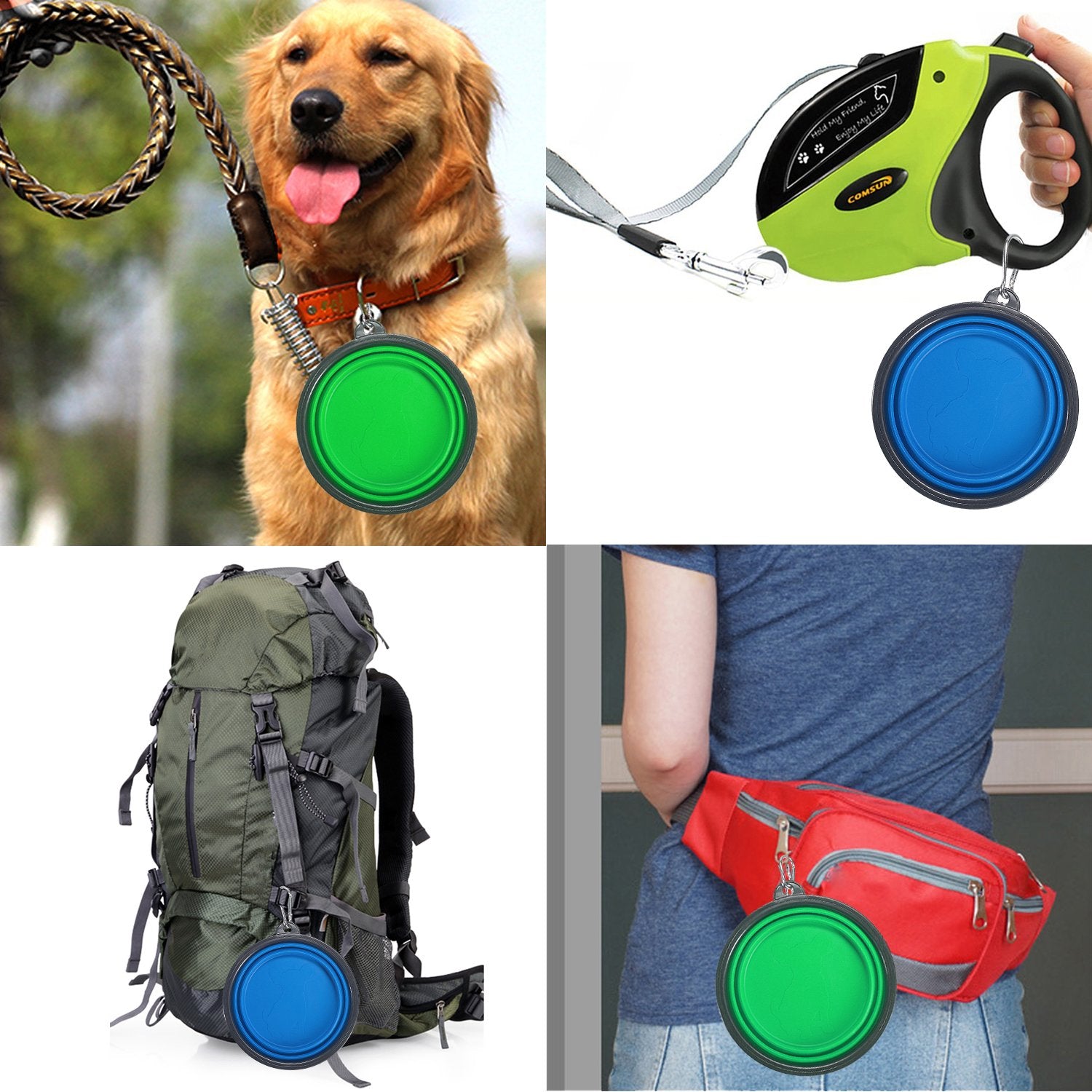 COMSUN collapsible dog bowl large blue-green backpack-ready for road trips.