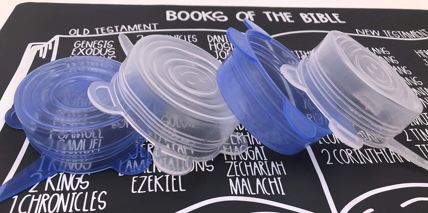 Comtim 4-pack stretch lids in use on cans provide reusable freshness.