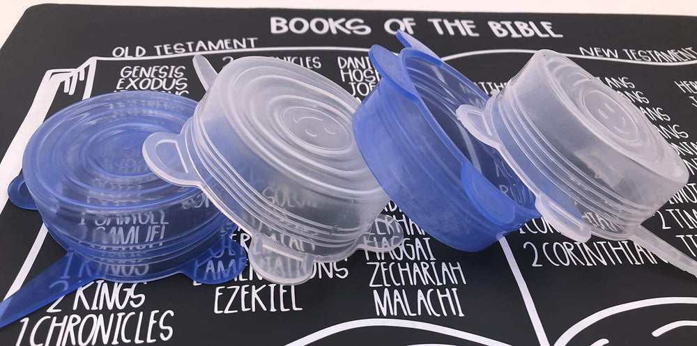 Comtim 4-pack stretch lids in use on cans provide reusable freshness.