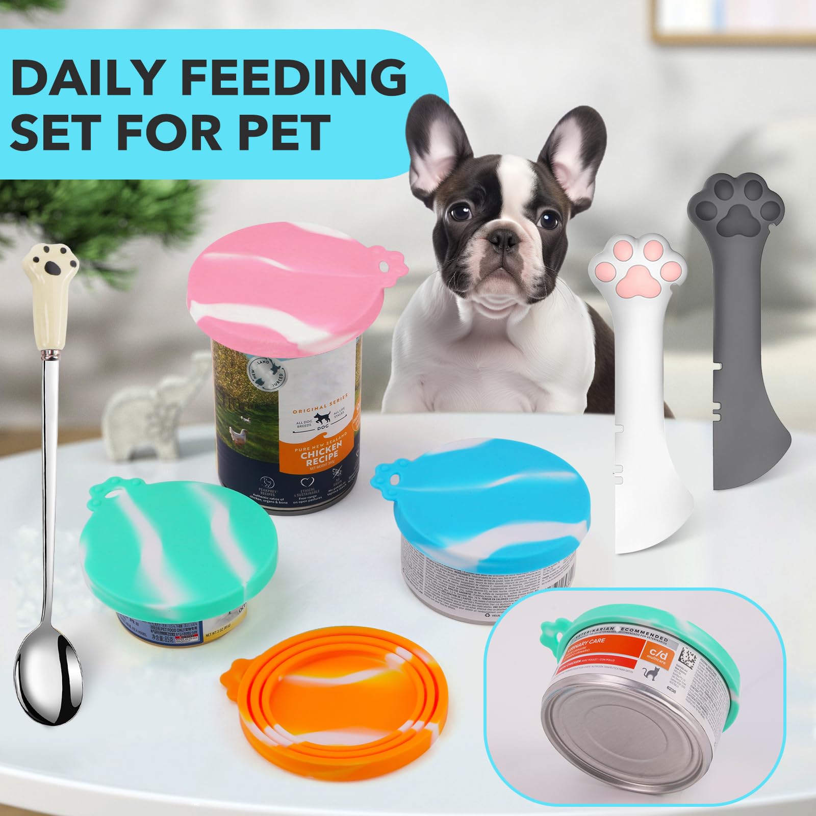 Comtim multi-function can opener paired with paw-spoons for easy feeding