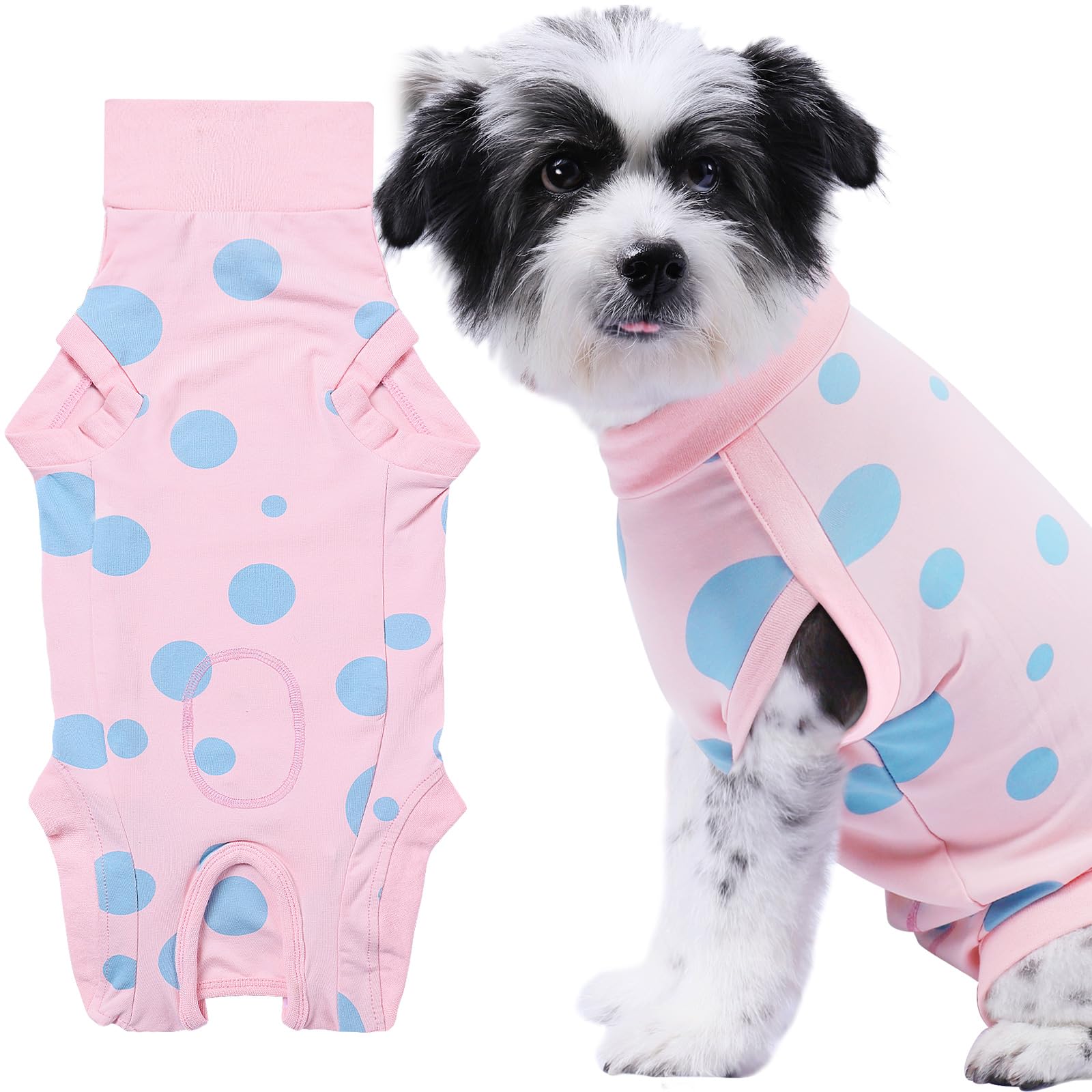 Comwish medium dog recovery suit pink side view highlighting breathable cotton for comfort.