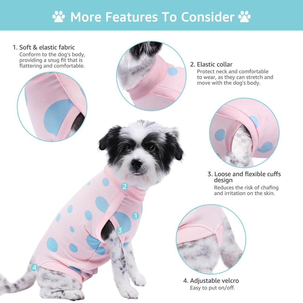 Comwish pink recovery suit worn on dog demonstrates snug fit and reduced licking.
