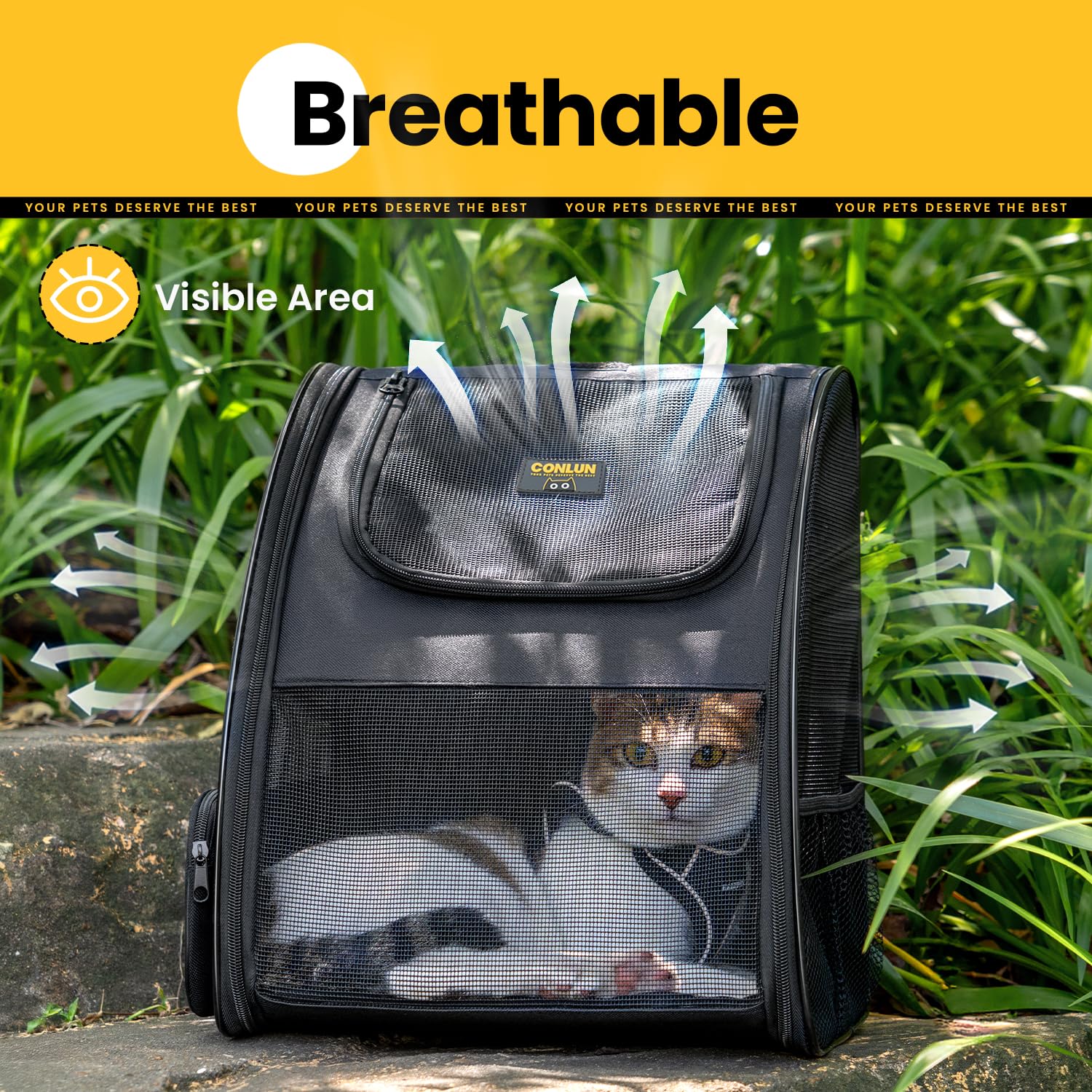 Conlun cat backpack durable material close-up conveys long-lasting scratch resistance.