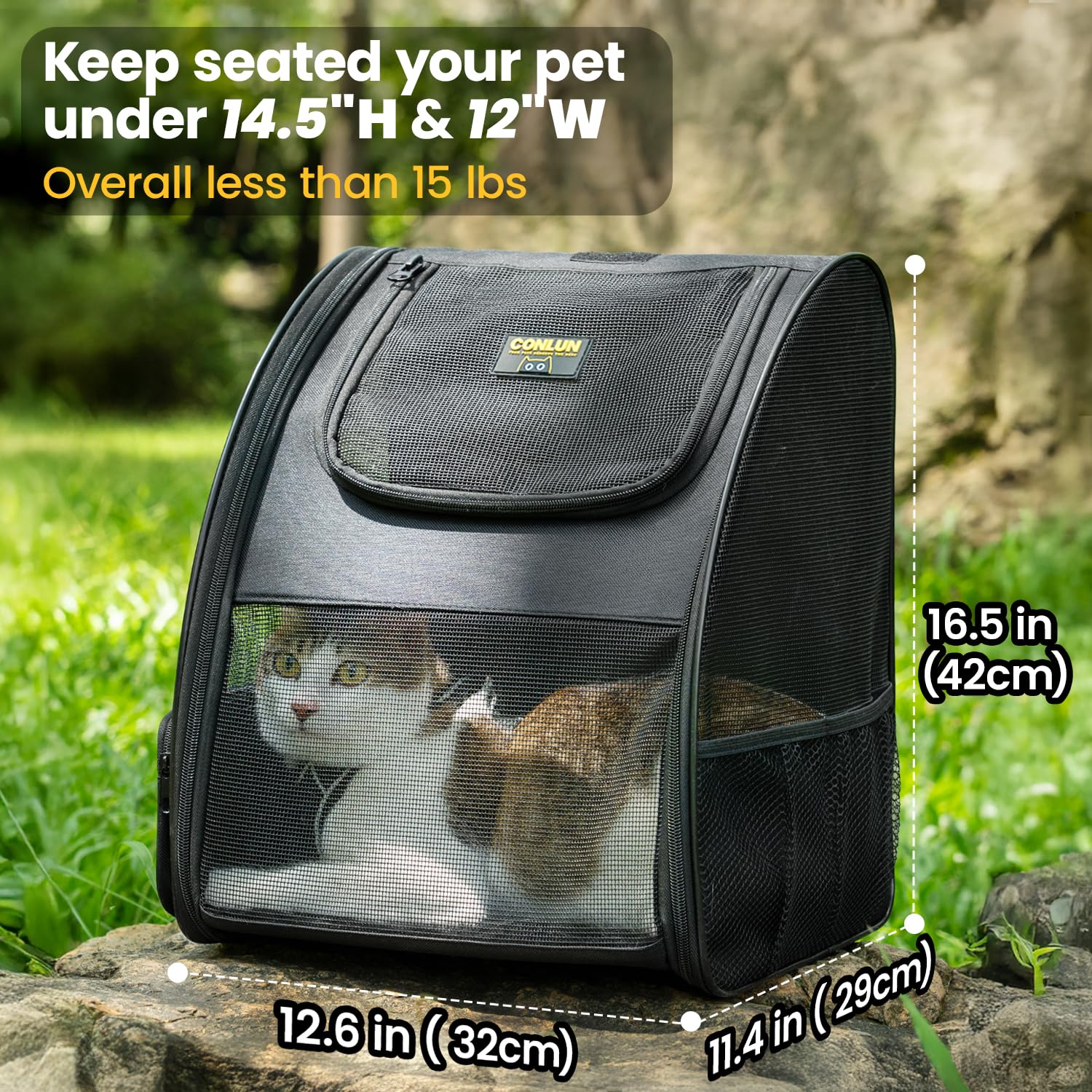 Conlun cat backpack front-entry design shows easy access for pets.