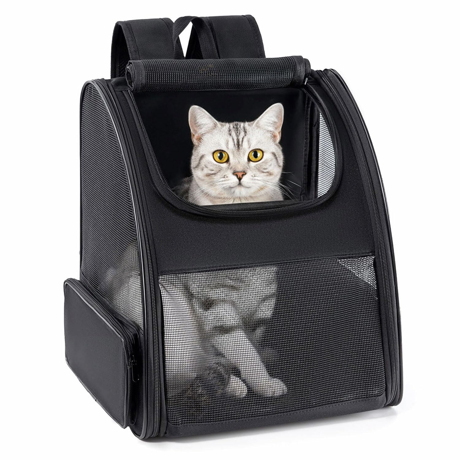 Conlun cat backpack left-side view highlights breathable mesh for pet comfort on trips.