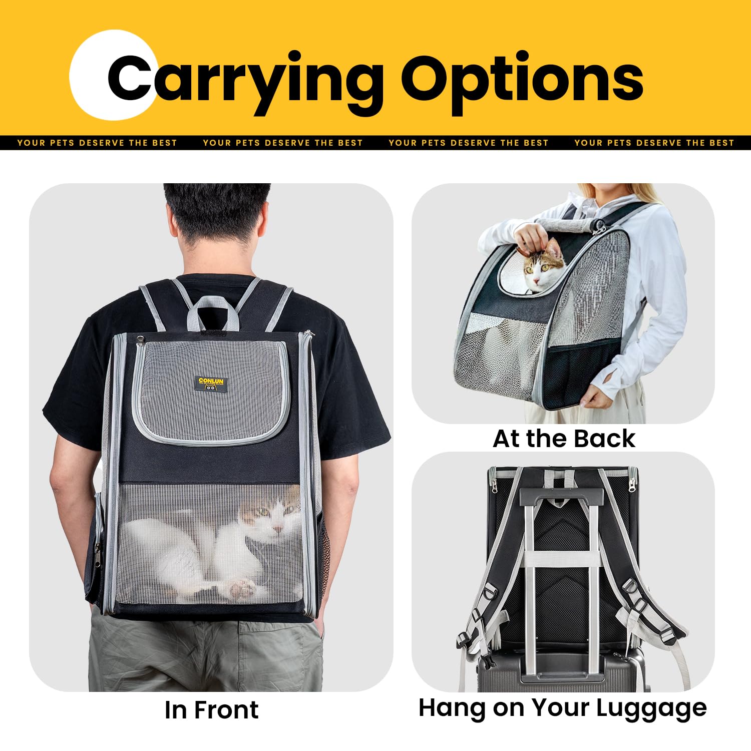 Conlun cat backpack with a luggage strap attached to a suitcase