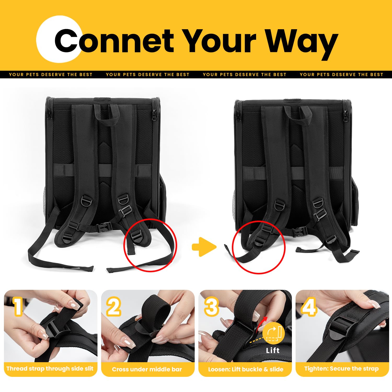 Conlun cat backpack mesh panel emphasizes ventilation and visibility.