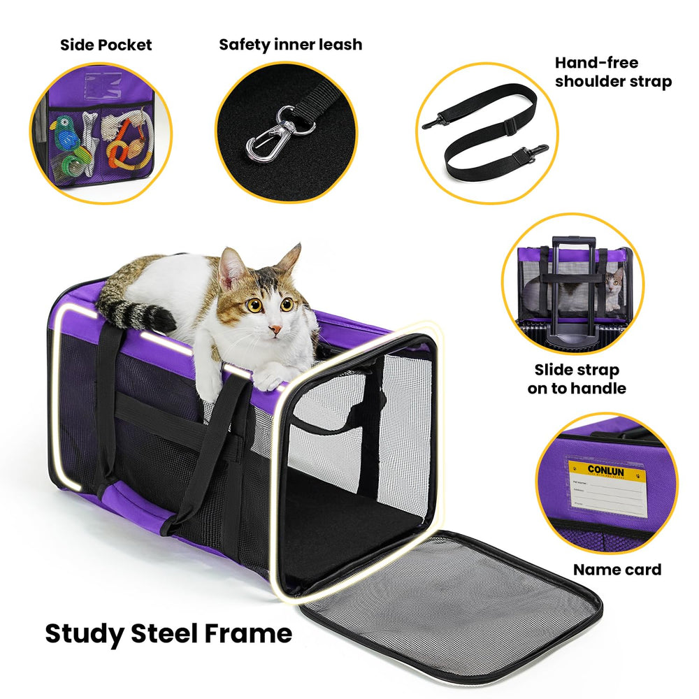Conlun cat carrier highlights a durable metal frame maintaining shape during travel.