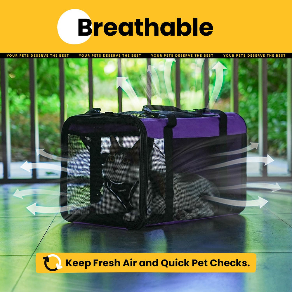Conlun cat carrier includes external luggage strap for secure stacking on a suitcase.