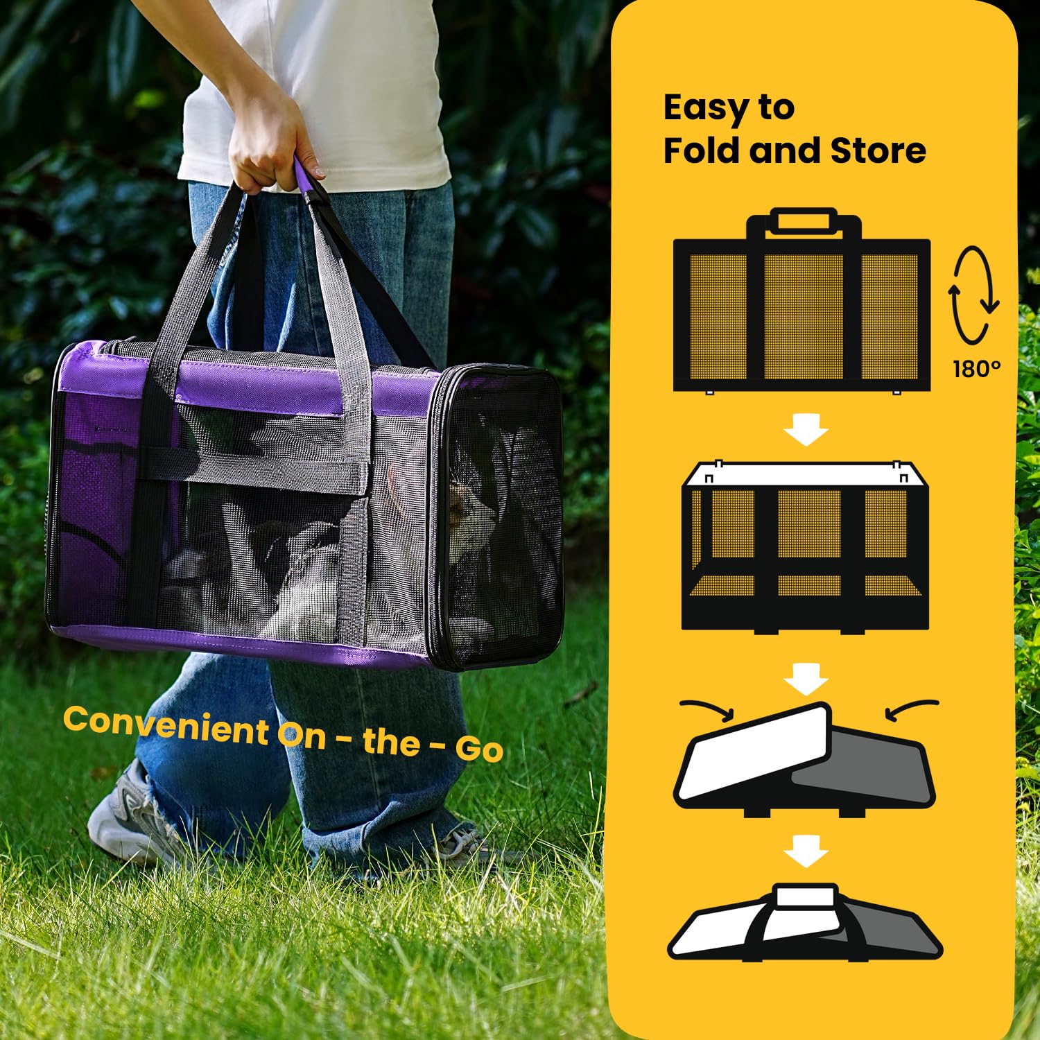 Conlun carrier includes internal safety strap to keep pets secure inside.