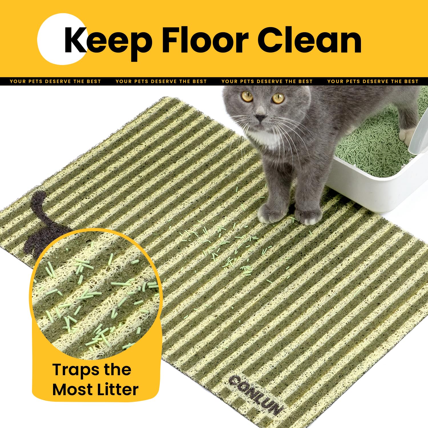 Conlun cat litter mat deep grooves trap litter from paws, reducing tracked mess.