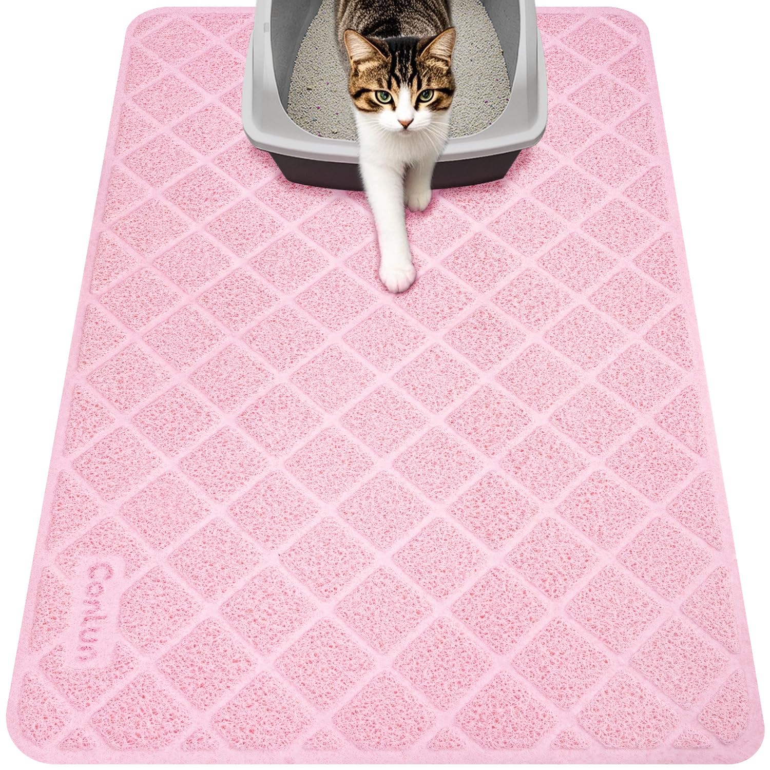 Conlun cat litter mat grid pink closeup showing dense grooves trapping litter