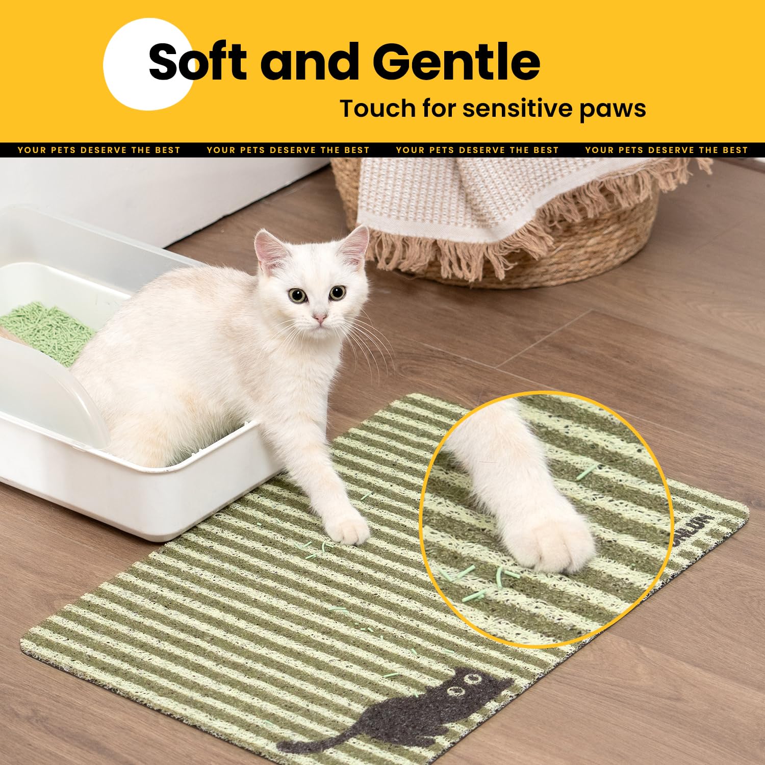 Conlun cat litter mat non-slip backing keeps mat in place on slick floors.
