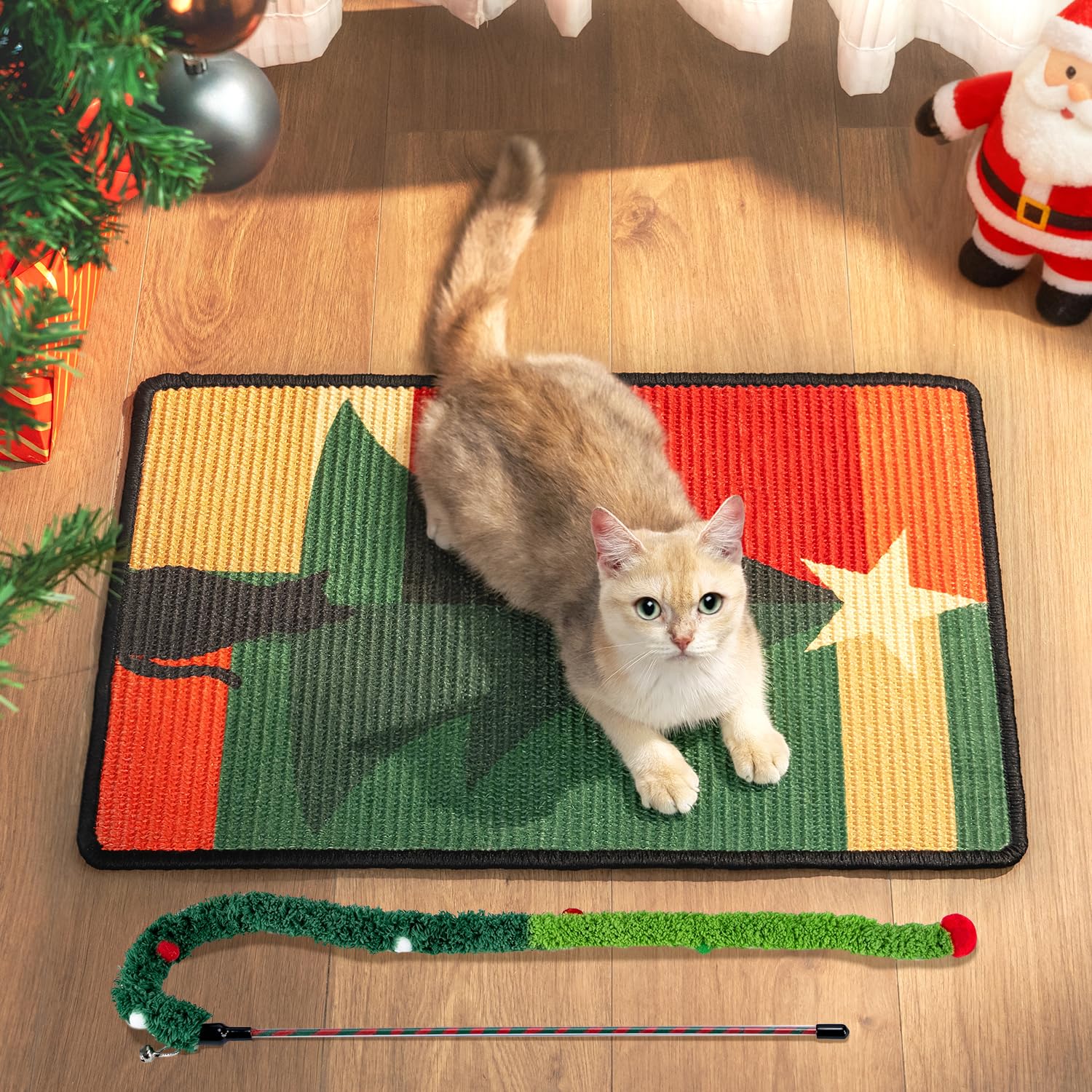Conlun cat scratcher mat front view demonstrates festive protection for furniture during play