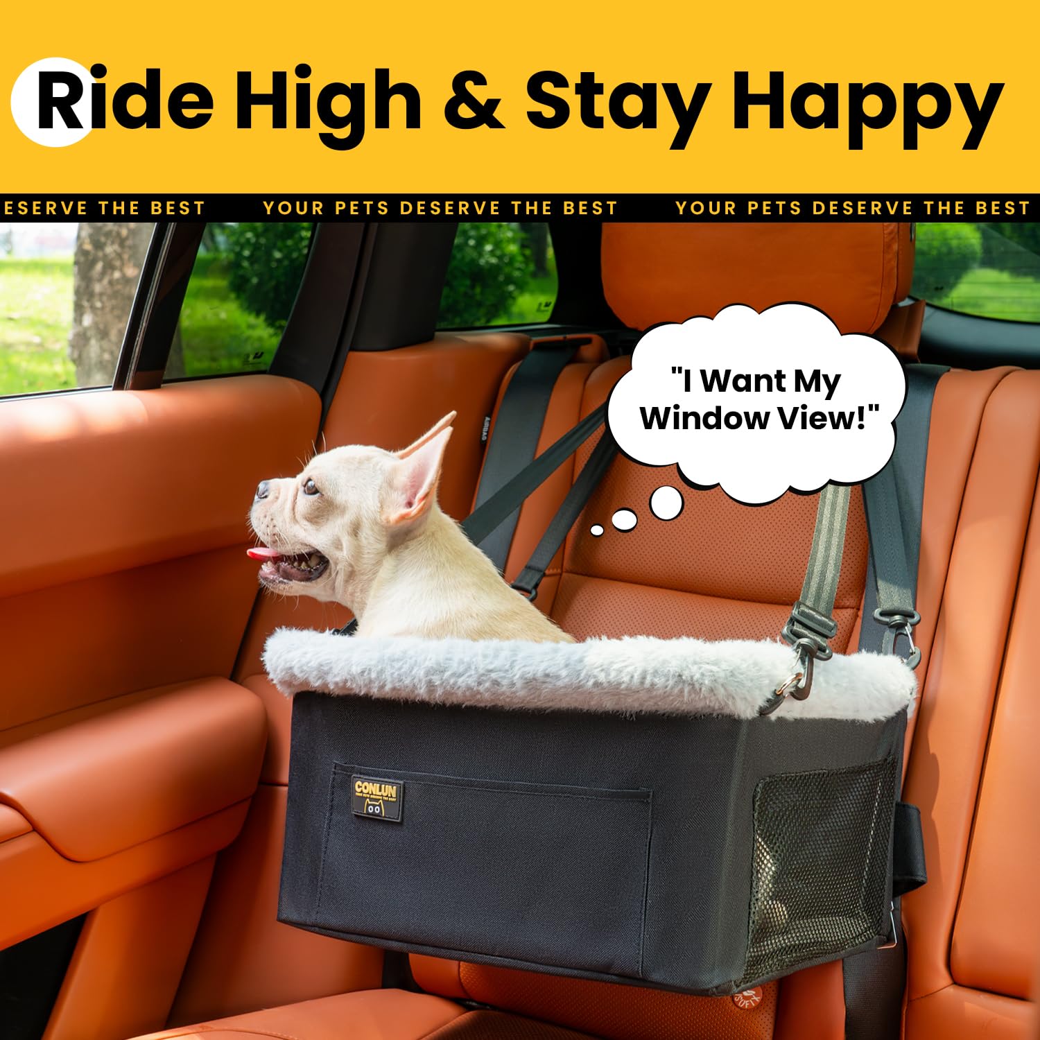 Conlun dog car seat booster uses durable Oxford fabric for mess defense.