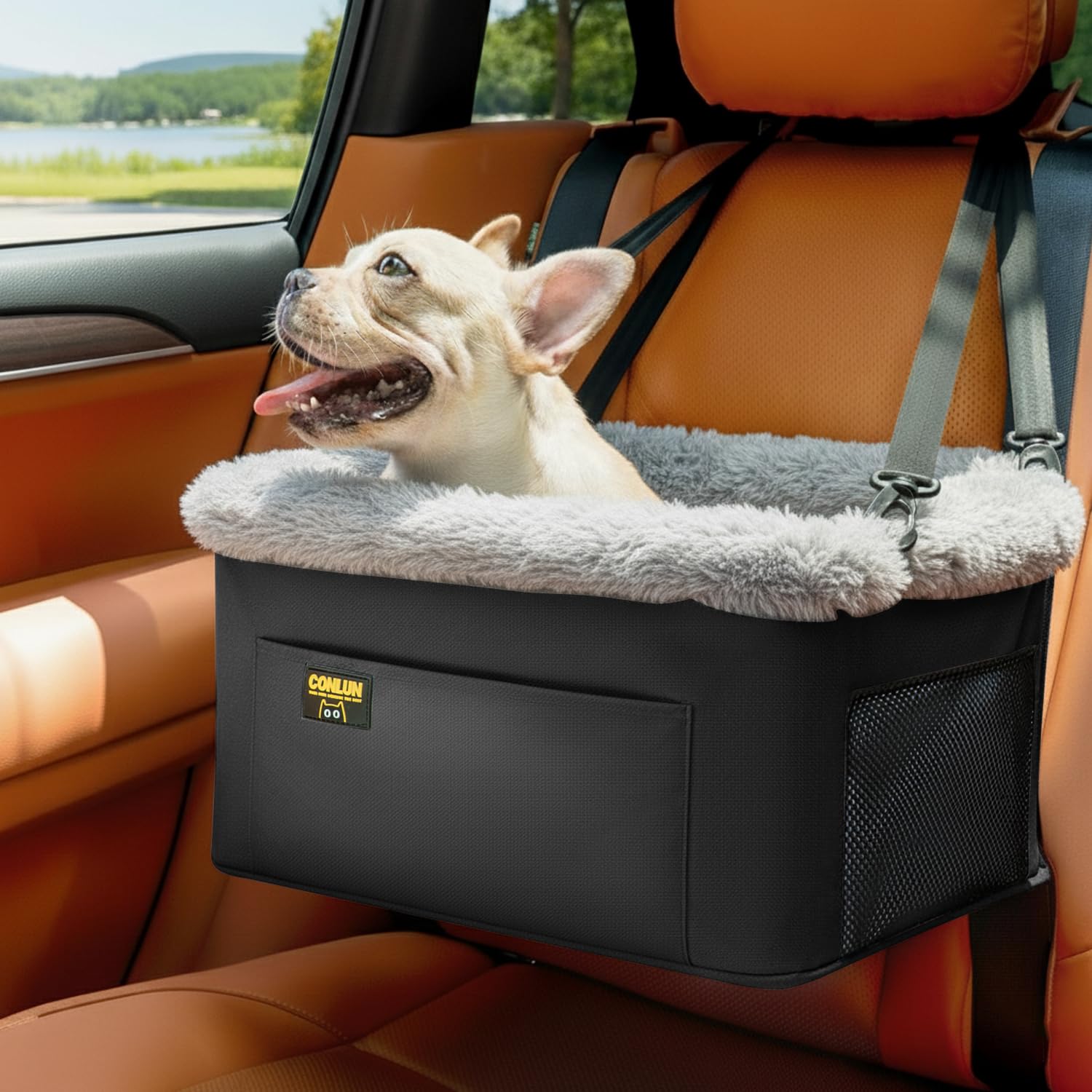 Conlun dog car seat booster elevated-view helps calmer road travel.