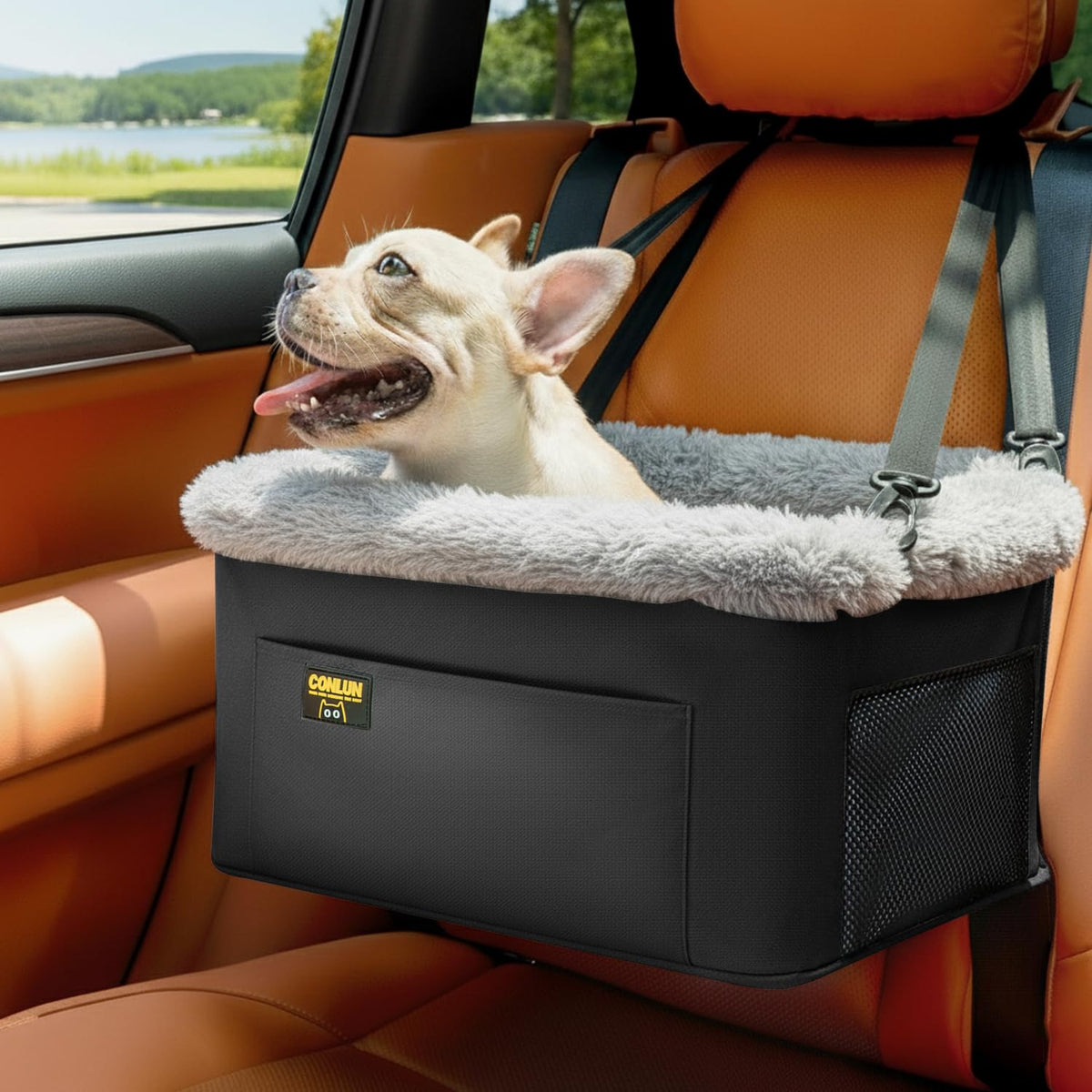 Conlun dog car seat booster elevated-view helps calmer road travel.