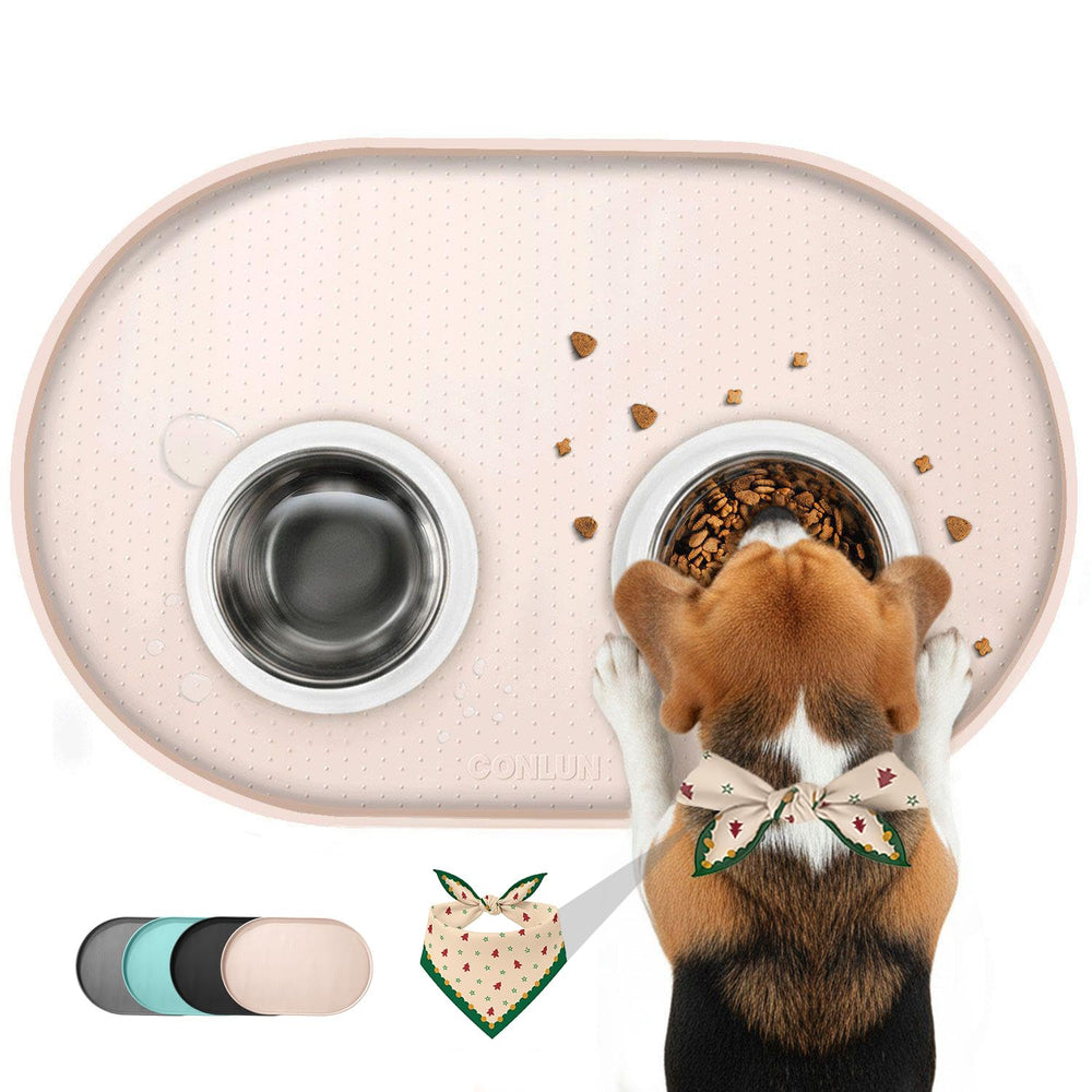 Conlun dog food mat with 1/2-inch raised edge containing spills