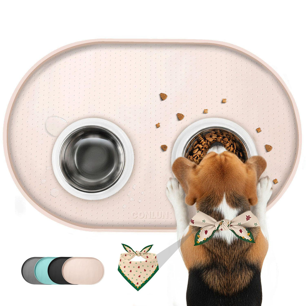 Conlun dog food mat with 1/2-inch raised edge containing spills